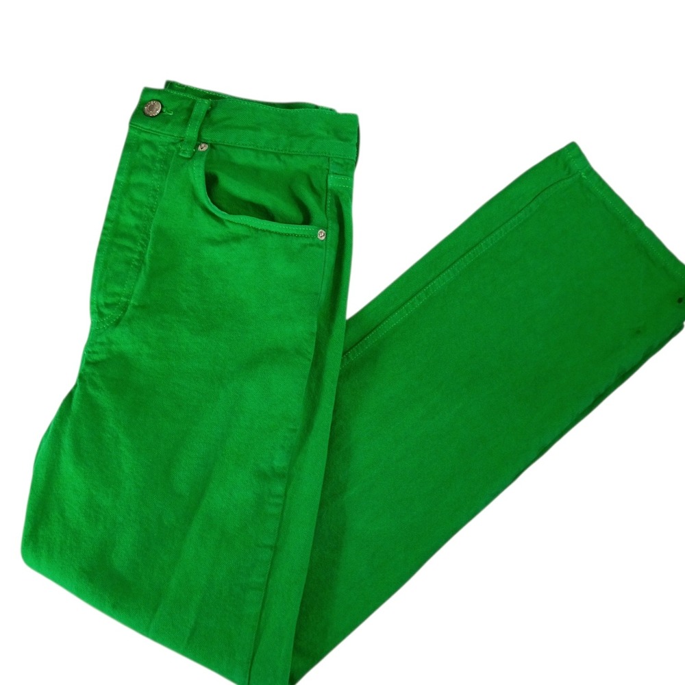 Topshop Kort High Waisted Straight Leg Jeans Kelly Green Button Fly W29 L30